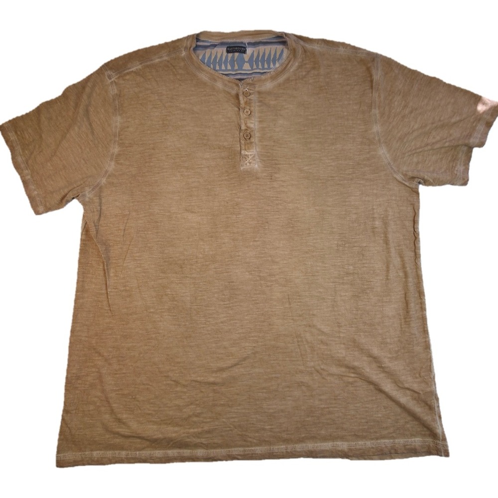 Earthbound Trading Co Henley Shirt Mens XL Tan Slub Cotton Short Sleeve Boho
